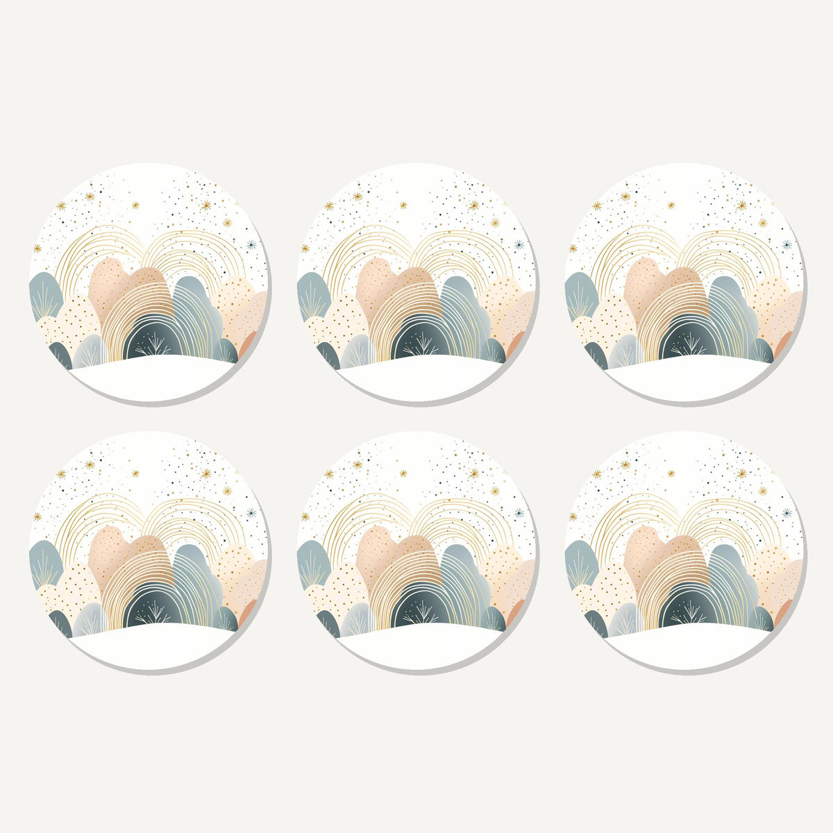 Flat lay of the minimalist pastel hills & rainbows artwork on six round coasters