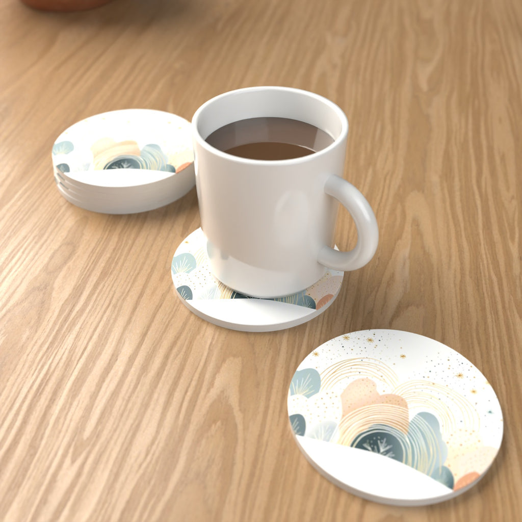 Minimalist Pastel Hills & Rainbows Round Ceramic Coasters – Set of 6 – lifestyle mockup with a mug of coffee