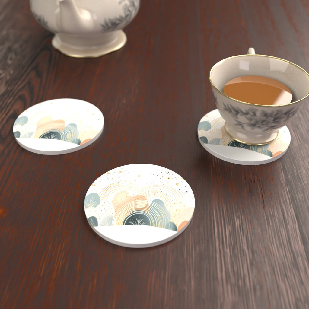 Minimalist Pastel Hills & Rainbows Round Ceramic Coasters – Set of 6 – lifestyle mockup with a teacup