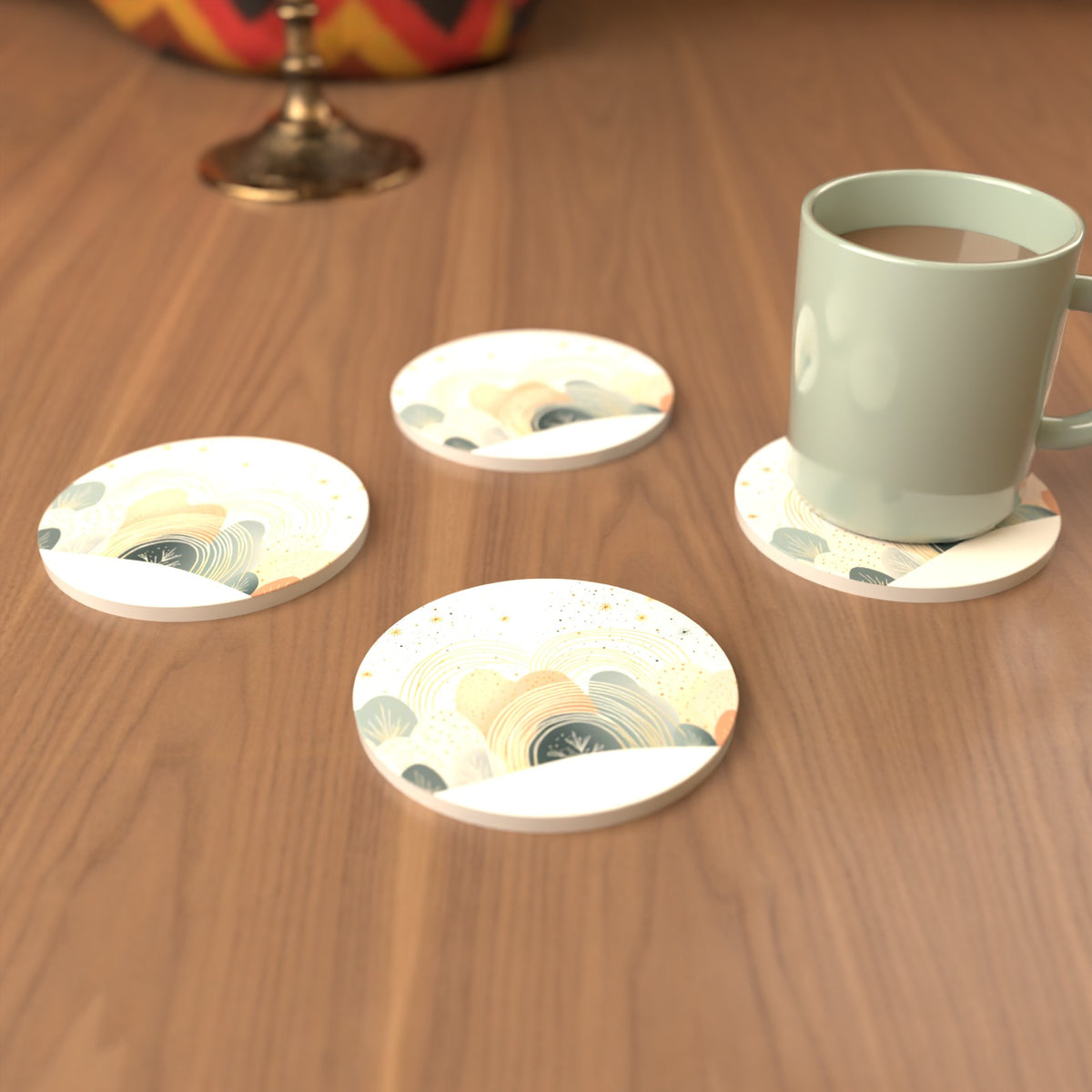 Minimalist Pastel Hills & Rainbows Round Ceramic Coasters – Set of 6 – cosy lifestyle mockup