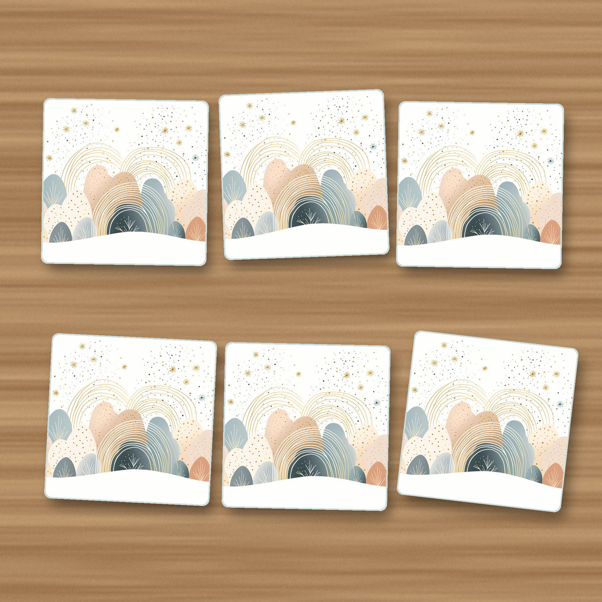 Minimalist Pastel Hills & Rainbows square glass coasters, set of 6, on an oak coffee table