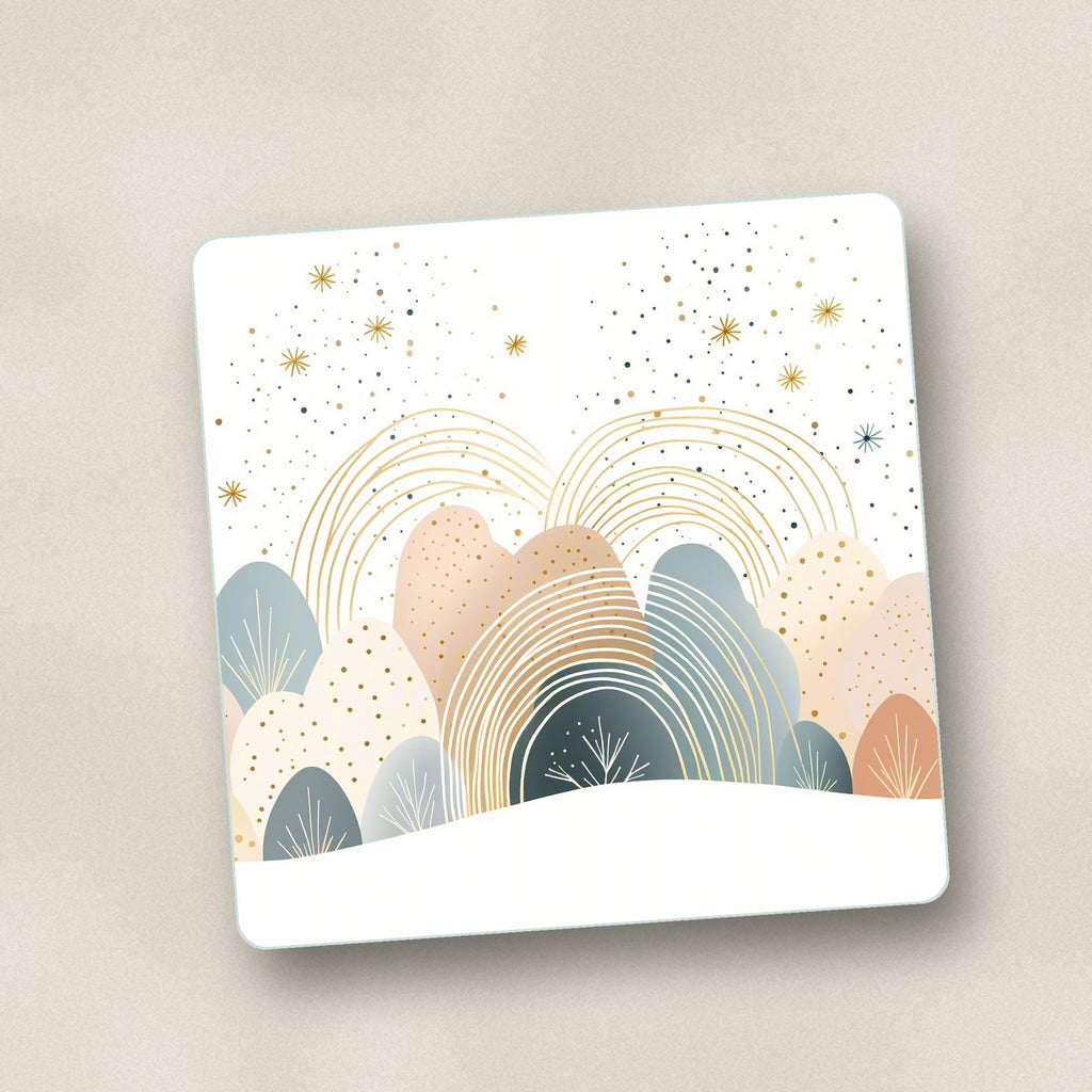Close-up of one minimalist pastel hills & rainbows square glass coaster, flat UV print