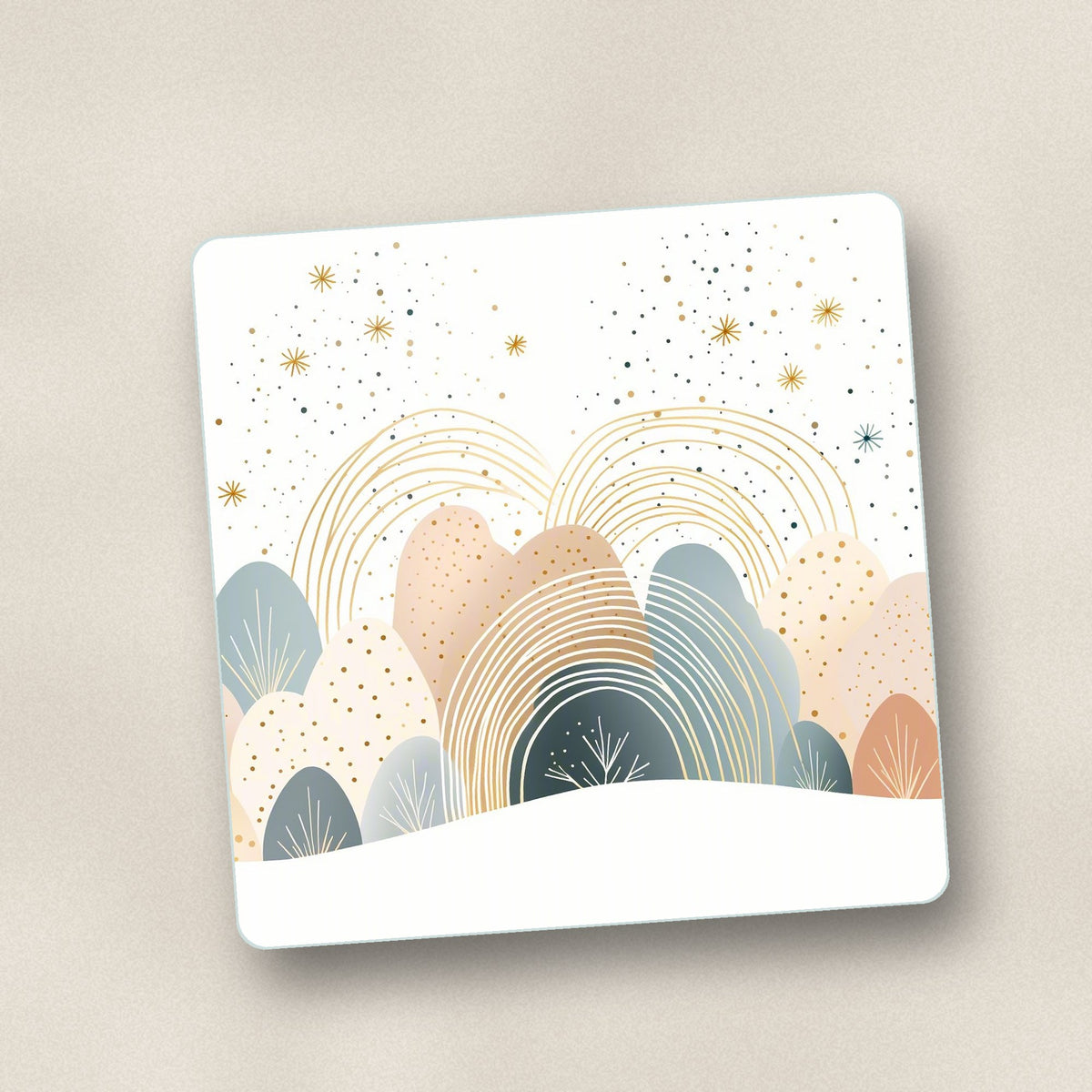 Close-up of one minimalist pastel hills & rainbows square glass coaster, flat UV print