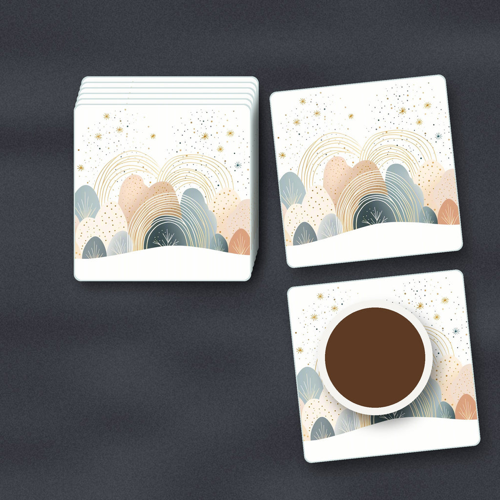Minimalist Pastel Hills & Rainbows square glass coasters stacked on a slate kitchen worktop