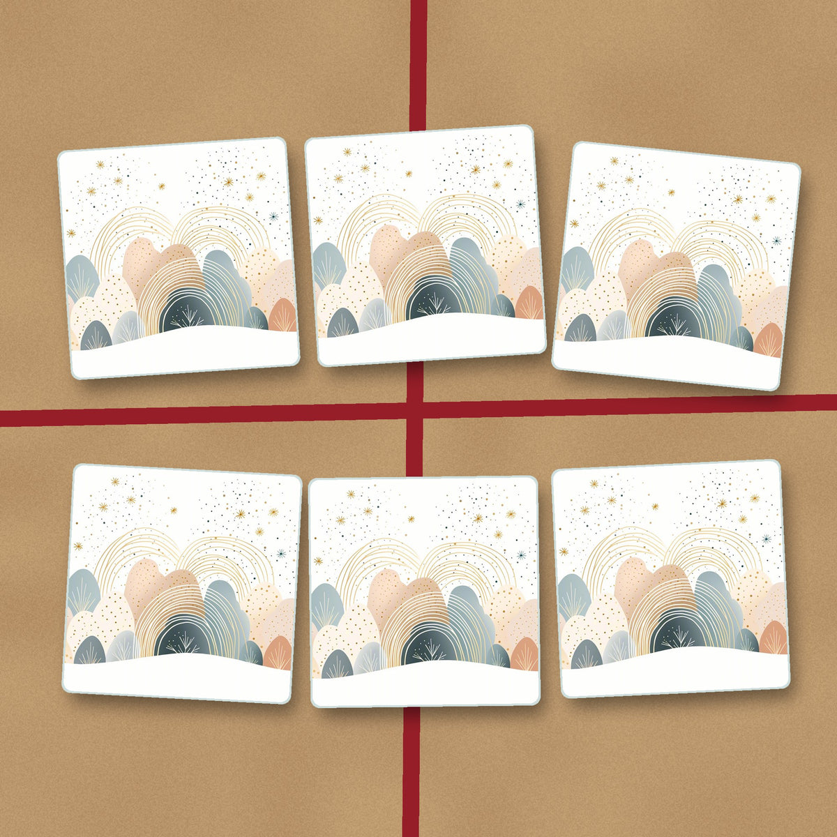 Minimalist Pastel Hills & Rainbows square glass coasters on kraft gift wrap