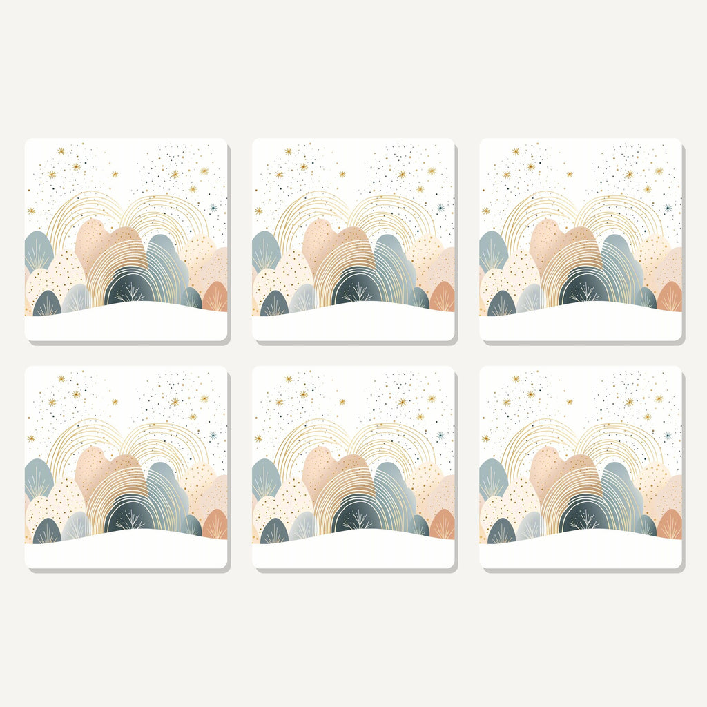 Flat lay of the minimalist pastel hills & rainbows artwork on six square coasters
