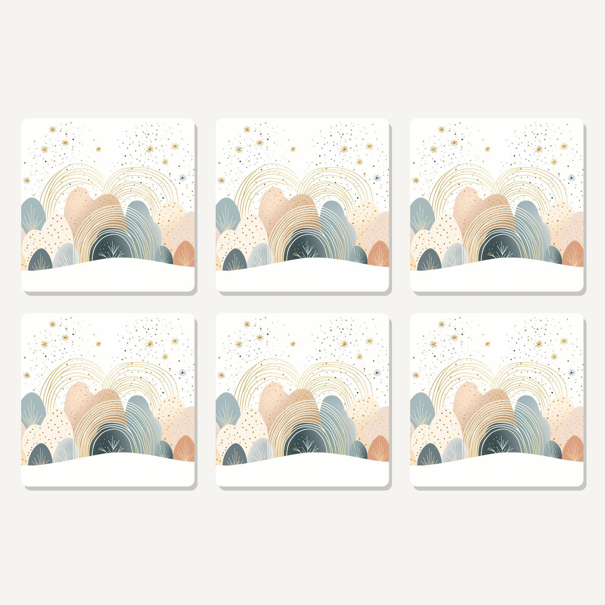Flat lay of the minimalist pastel hills & rainbows artwork on six square coasters