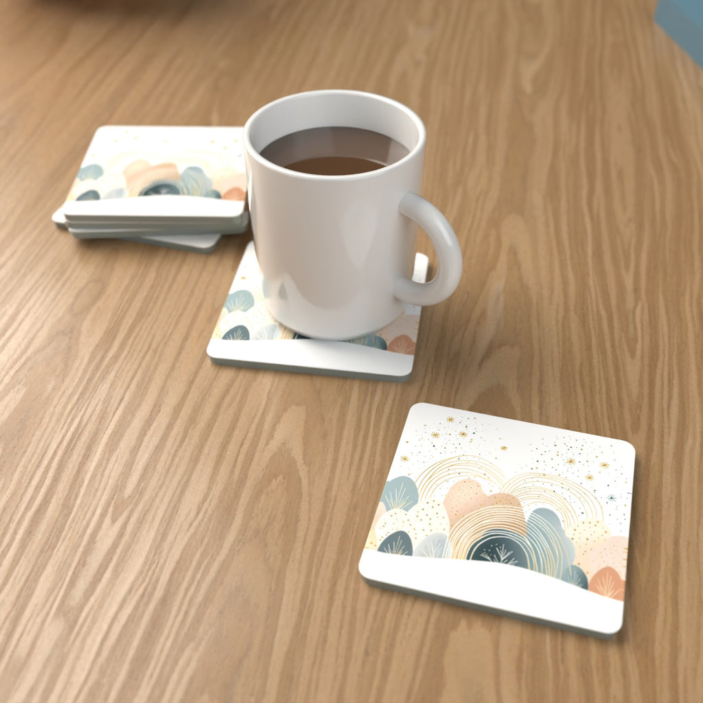 Minimalist Pastel Hills & Rainbows Square Glass Coasters – Set of 6 – lifestyle mockup with a mug of coffee