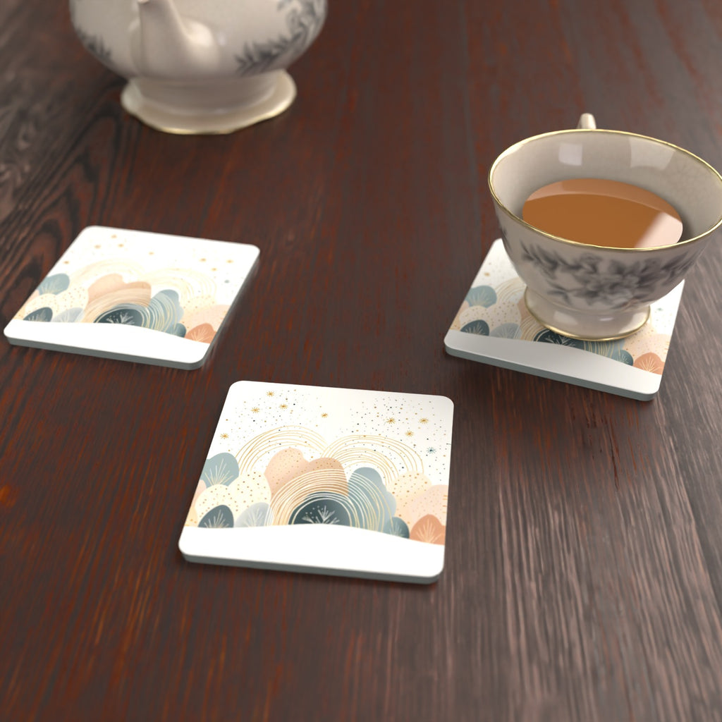 Minimalist Pastel Hills & Rainbows Square Glass Coasters – Set of 6 – lifestyle mockup with a teacup
