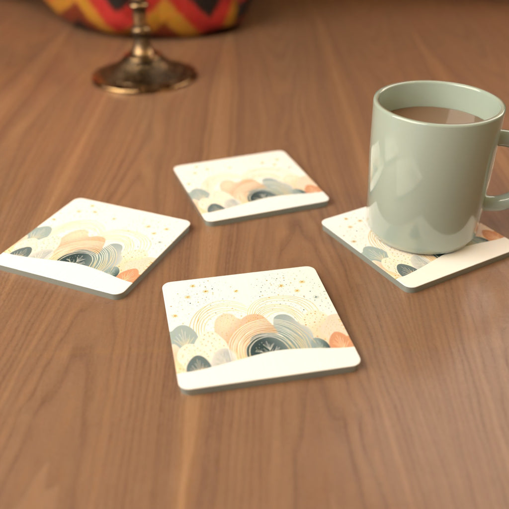 Minimalist Pastel Hills & Rainbows Square Glass Coasters – Set of 6 – cosy lifestyle mockup