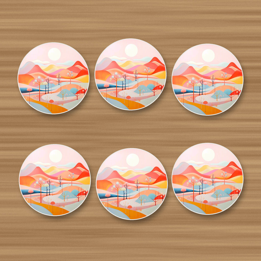 Pastel Rolling Hills Landscape round ceramic coasters, set of 6, on an oak coffee table
