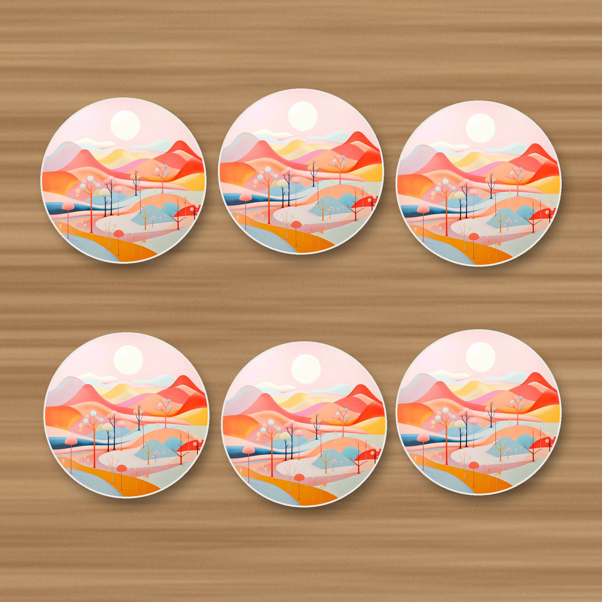 Pastel Rolling Hills Landscape round ceramic coasters, set of 6, on an oak coffee table