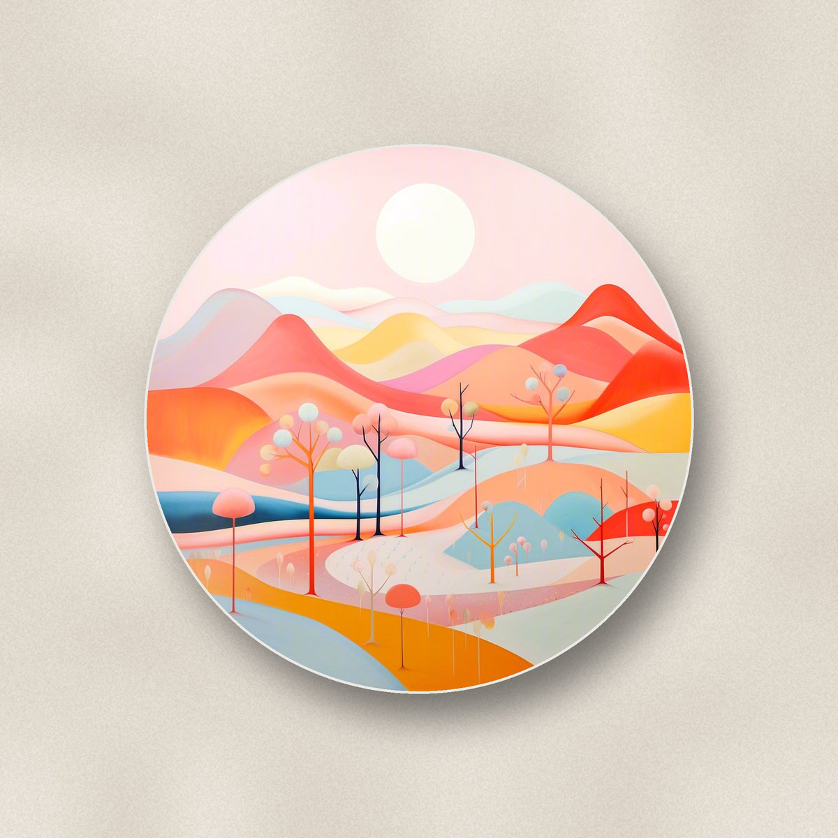 Close-up of one pastel rolling hills landscape round ceramic coaster, flat UV print