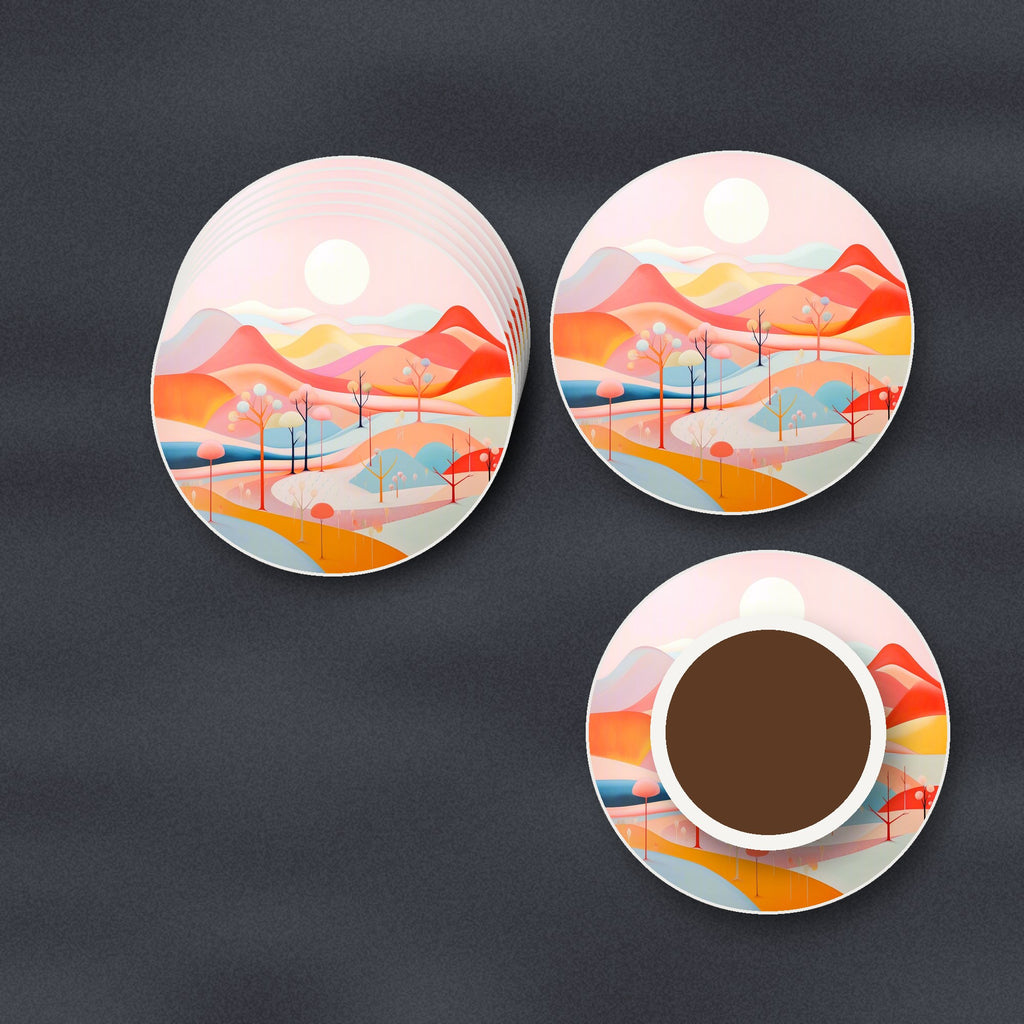 Pastel Rolling Hills Landscape round ceramic coasters stacked on a slate kitchen worktop