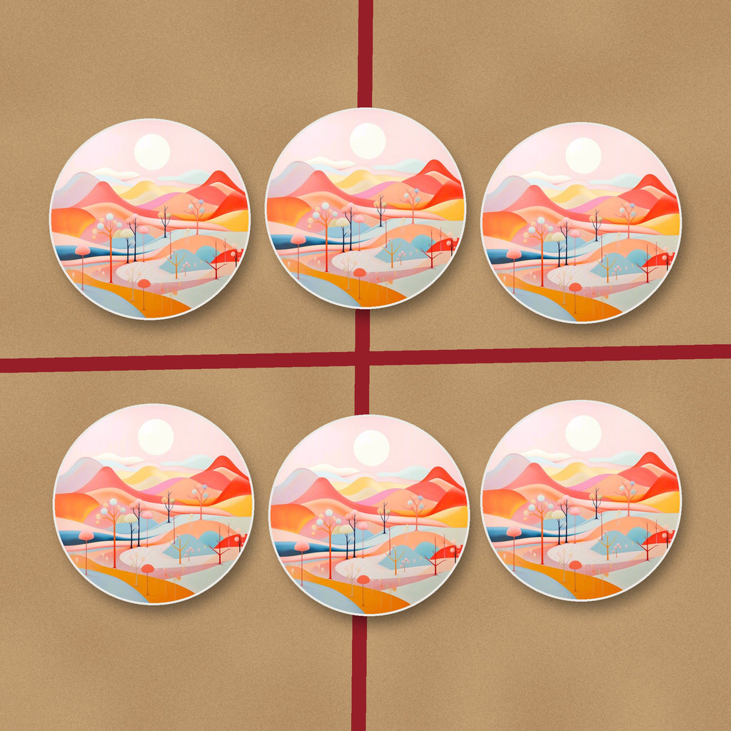 Pastel Rolling Hills Landscape round ceramic coasters on kraft gift wrap