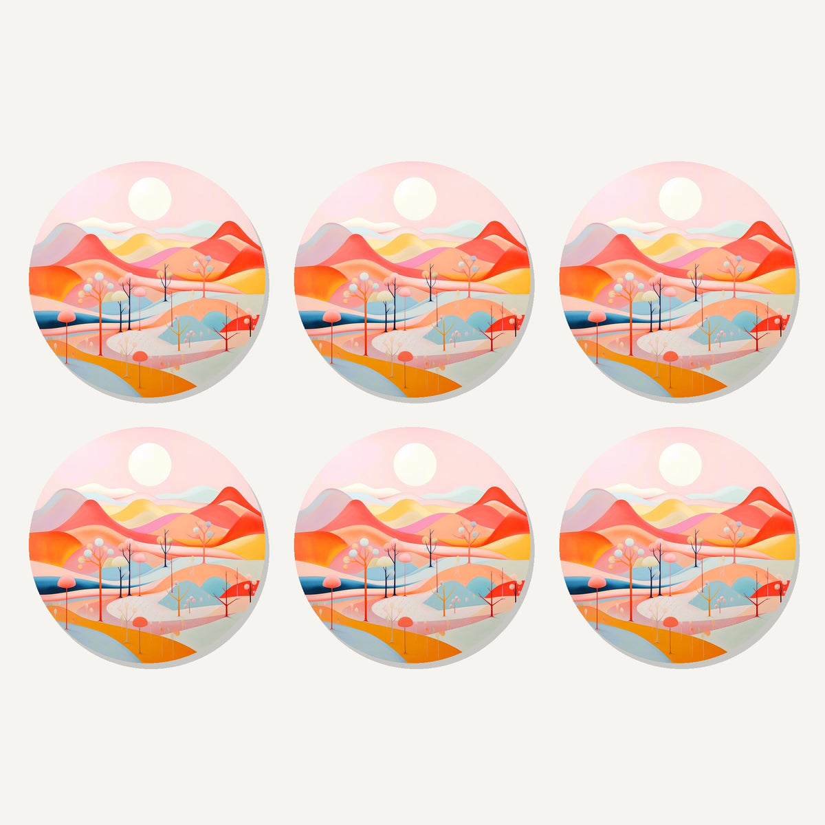 Flat lay of the pastel rolling hills landscape artwork on six round coasters