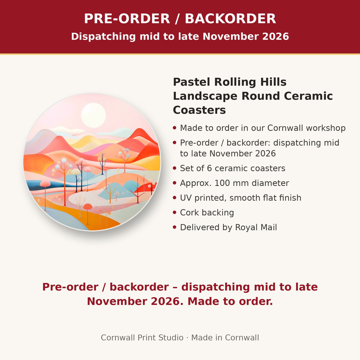 Info card: Pastel Rolling Hills Landscape Round Ceramic Coasters – Set of 6, made to order, dispatching mid to late November 2026, delivered by Royal Mail