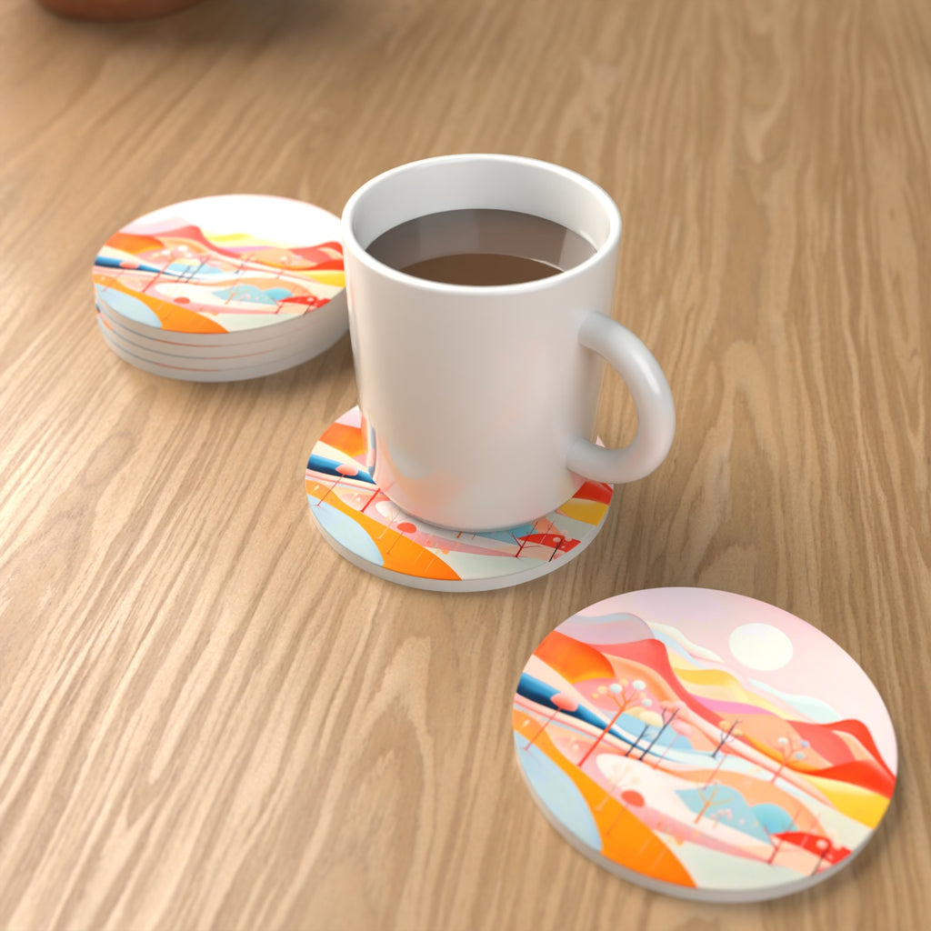 Pastel Rolling Hills Landscape Round Ceramic Coasters – Set of 6 – lifestyle mockup with a mug of coffee