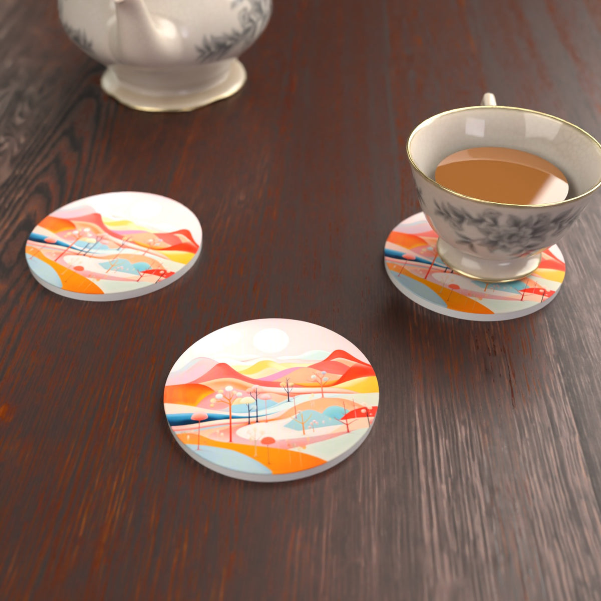 Pastel Rolling Hills Landscape Round Ceramic Coasters – Set of 6 – lifestyle mockup with a teacup