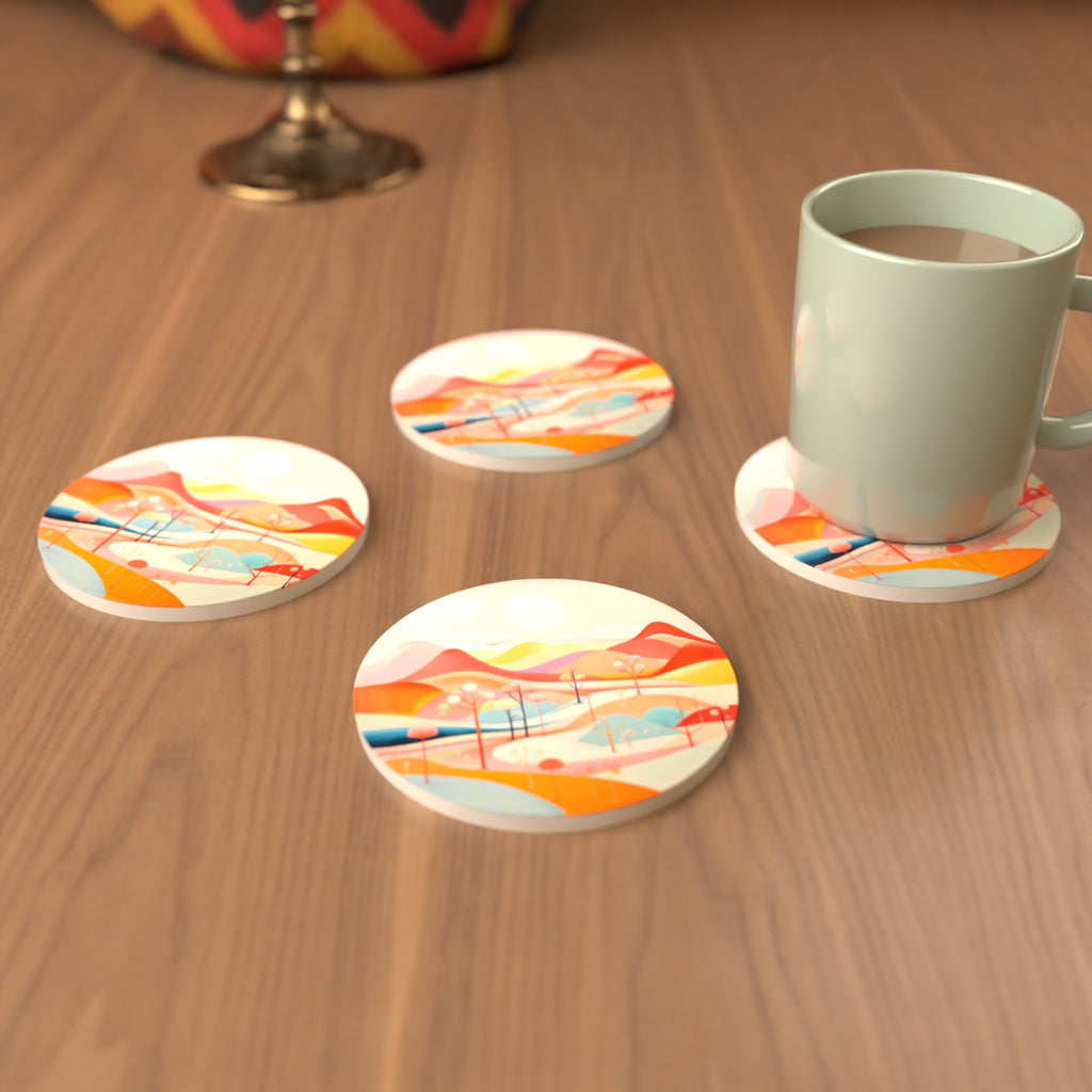Pastel Rolling Hills Landscape Round Ceramic Coasters – Set of 6 – cosy lifestyle mockup