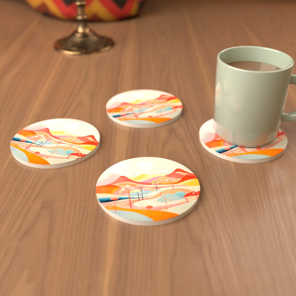 Pastel Rolling Hills Landscape Round Ceramic Coasters – Set of 6 – cosy lifestyle mockup
