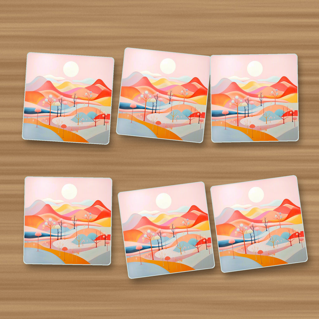 Pastel Rolling Hills Landscape square glass coasters, set of 6, on an oak coffee table