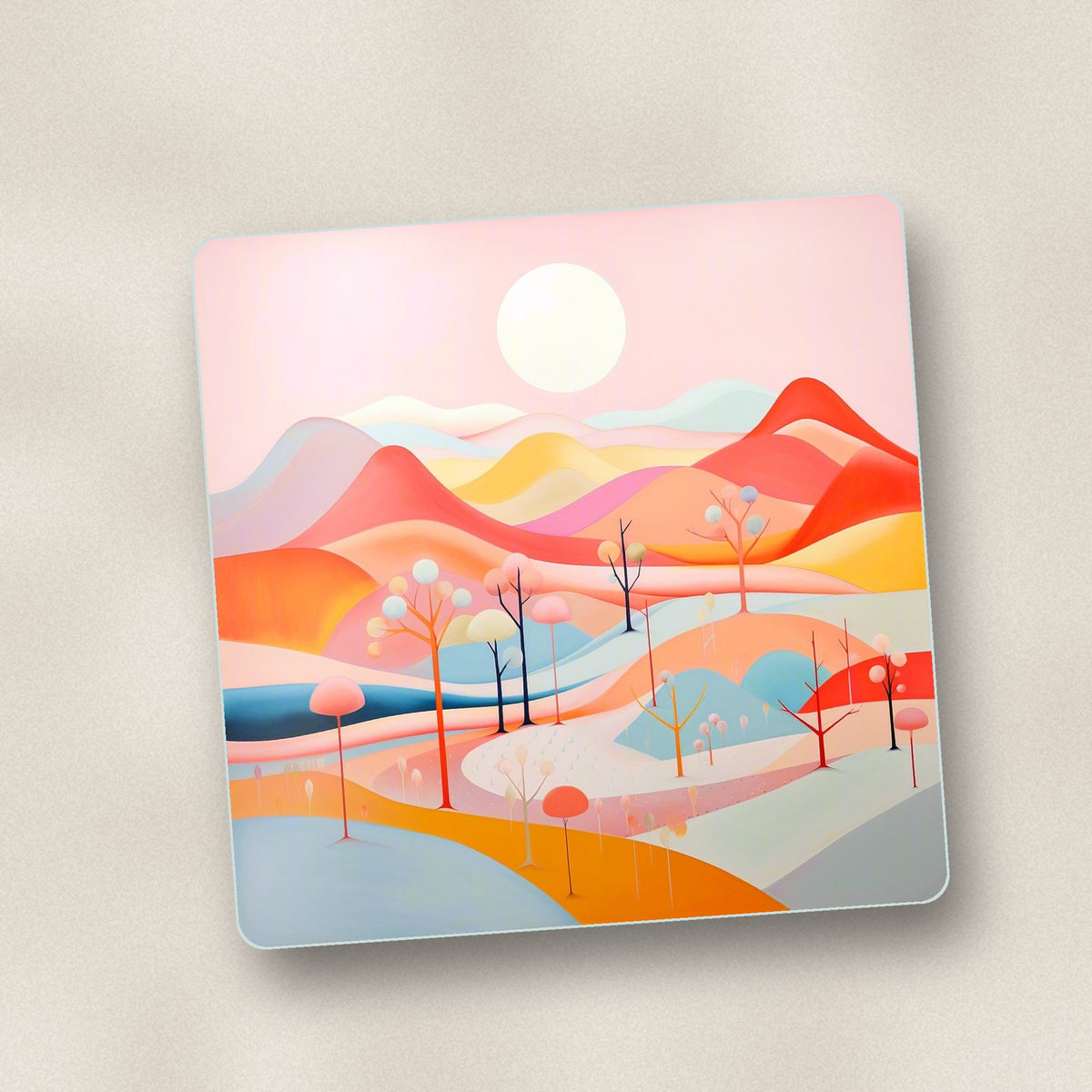 Close-up of one pastel rolling hills landscape square glass coaster, flat UV print