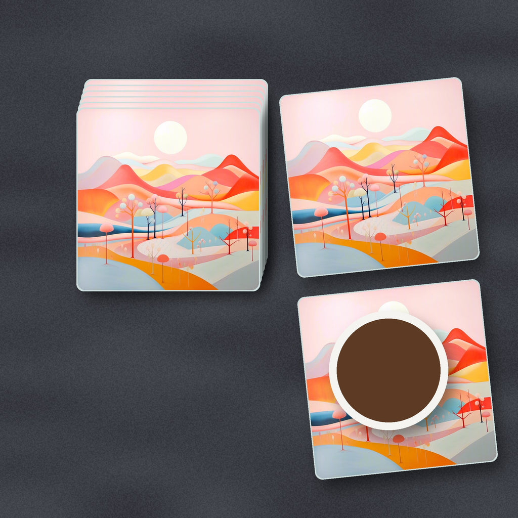 Pastel Rolling Hills Landscape square glass coasters stacked on a slate kitchen worktop