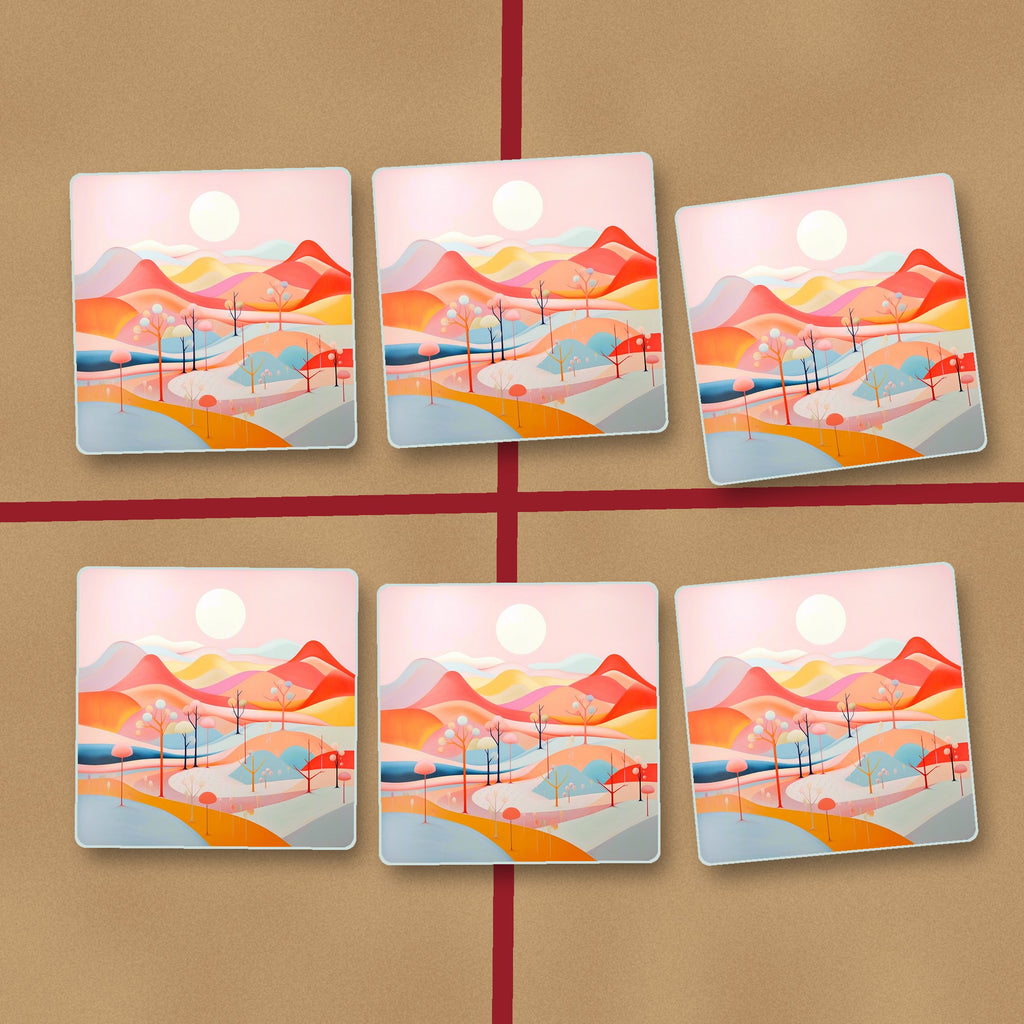 Pastel Rolling Hills Landscape square glass coasters on kraft gift wrap