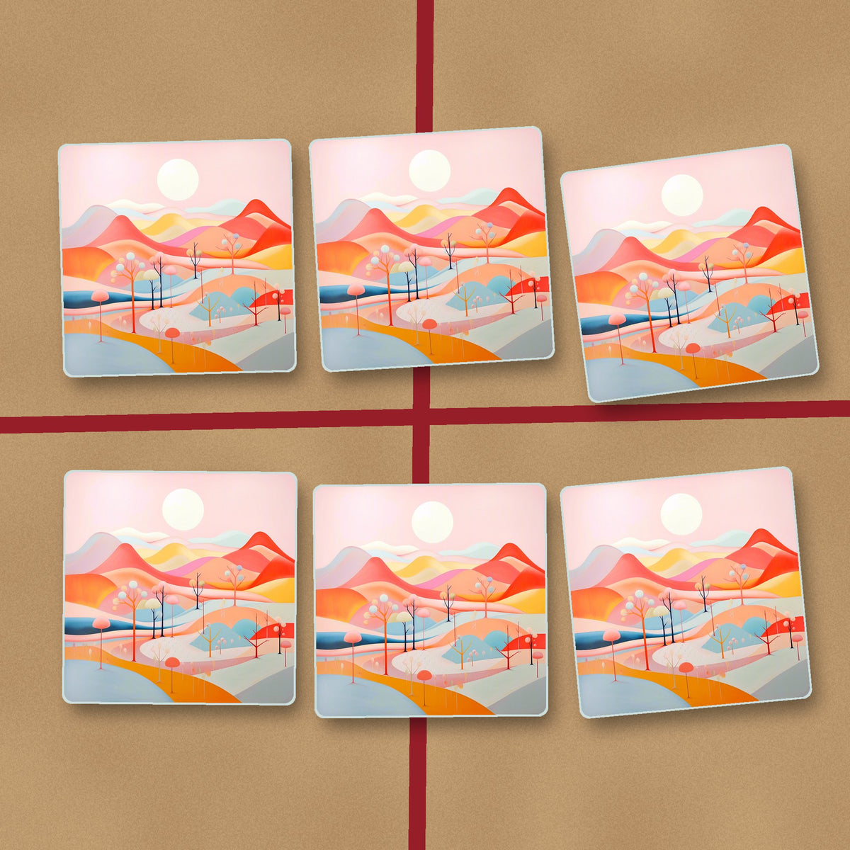 Pastel Rolling Hills Landscape square glass coasters on kraft gift wrap
