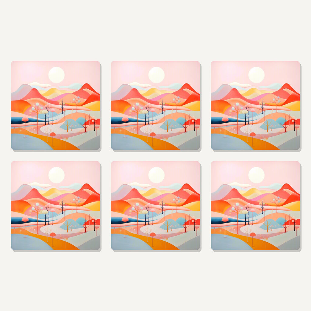 Flat lay of the pastel rolling hills landscape artwork on six square coasters
