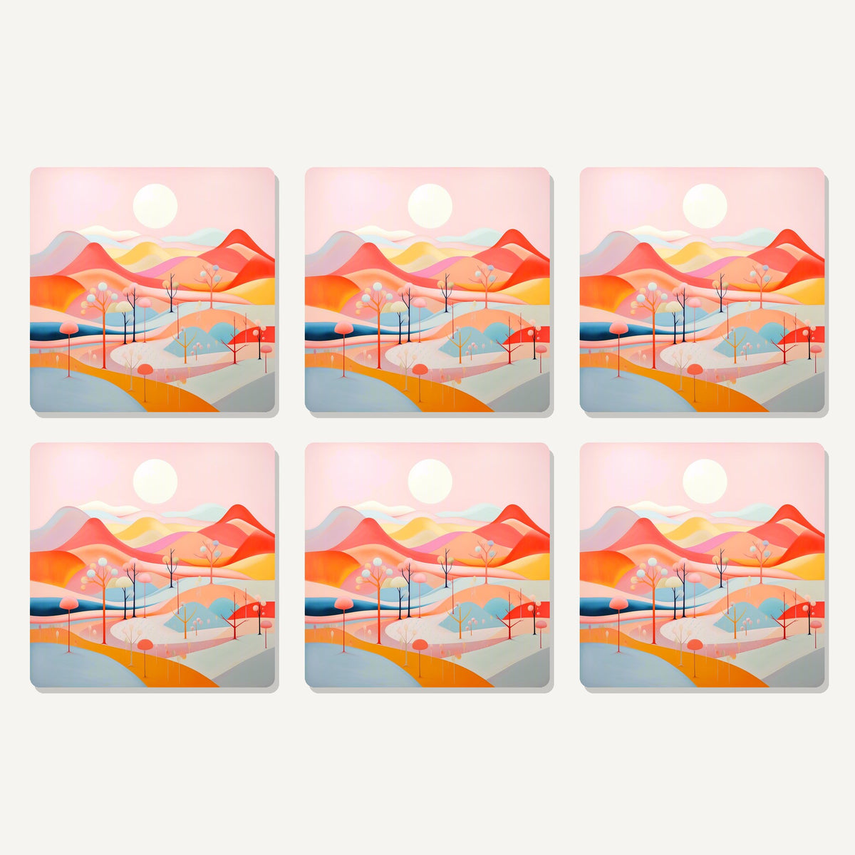 Flat lay of the pastel rolling hills landscape artwork on six square coasters