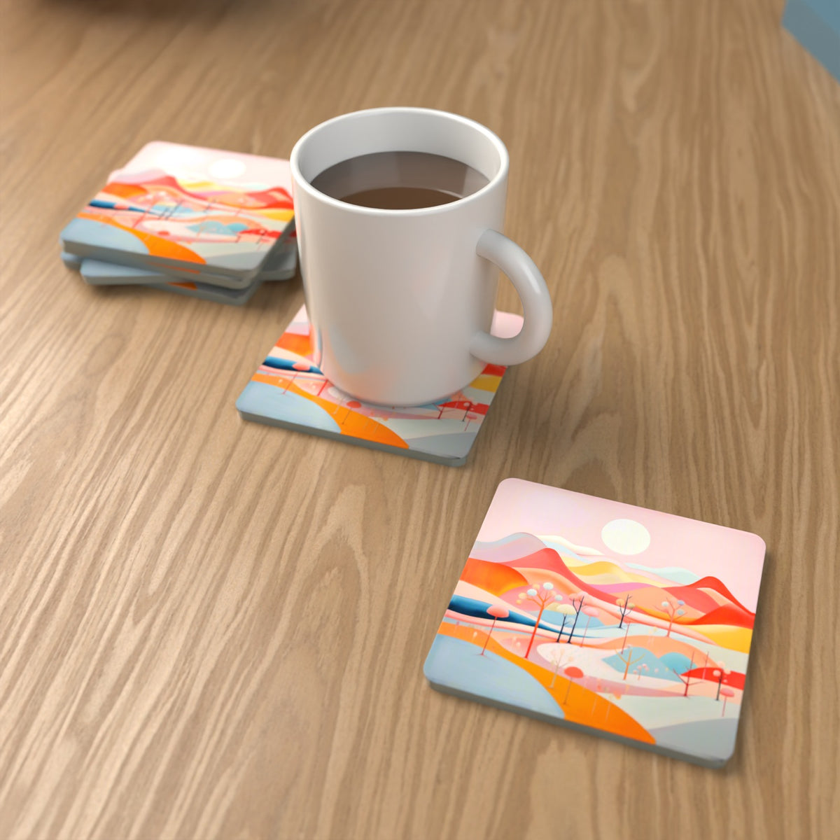 Pastel Rolling Hills Landscape Square Glass Coasters – Set of 6 – lifestyle mockup with a mug of coffee