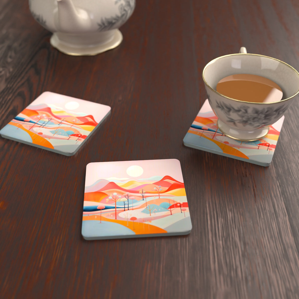 Pastel Rolling Hills Landscape Square Glass Coasters – Set of 6 – lifestyle mockup with a teacup