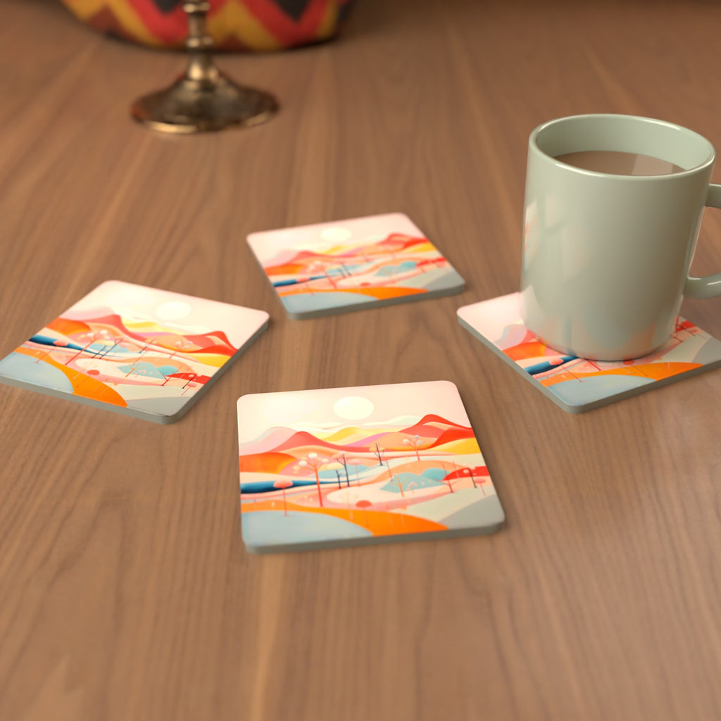 Pastel Rolling Hills Landscape Square Glass Coasters – Set of 6 – cosy lifestyle mockup