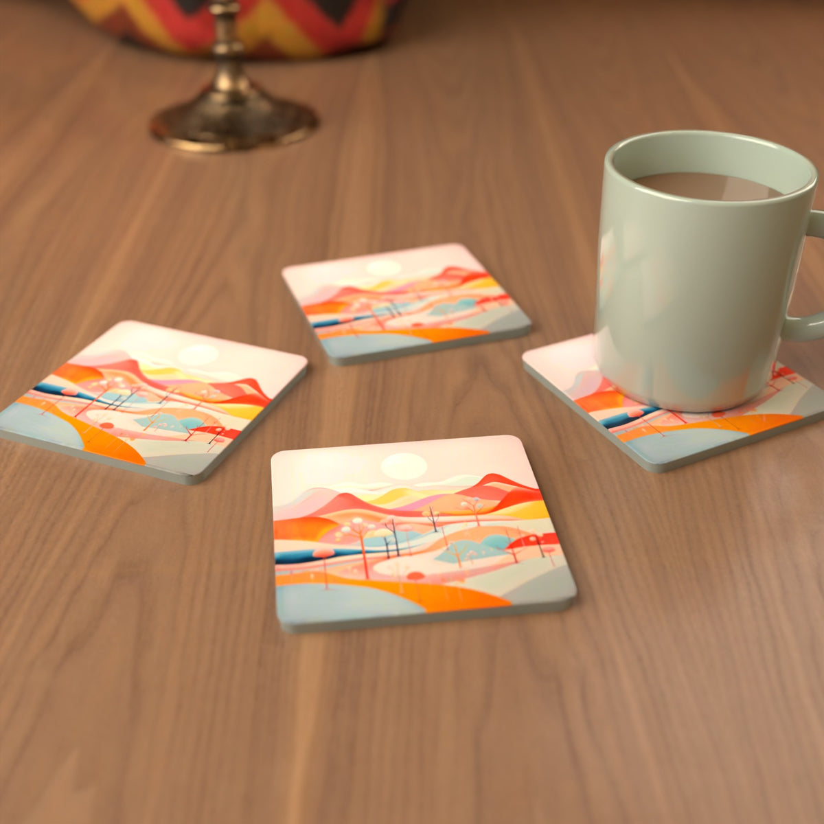 Pastel Rolling Hills Landscape Square Glass Coasters – Set of 6 – cosy lifestyle mockup