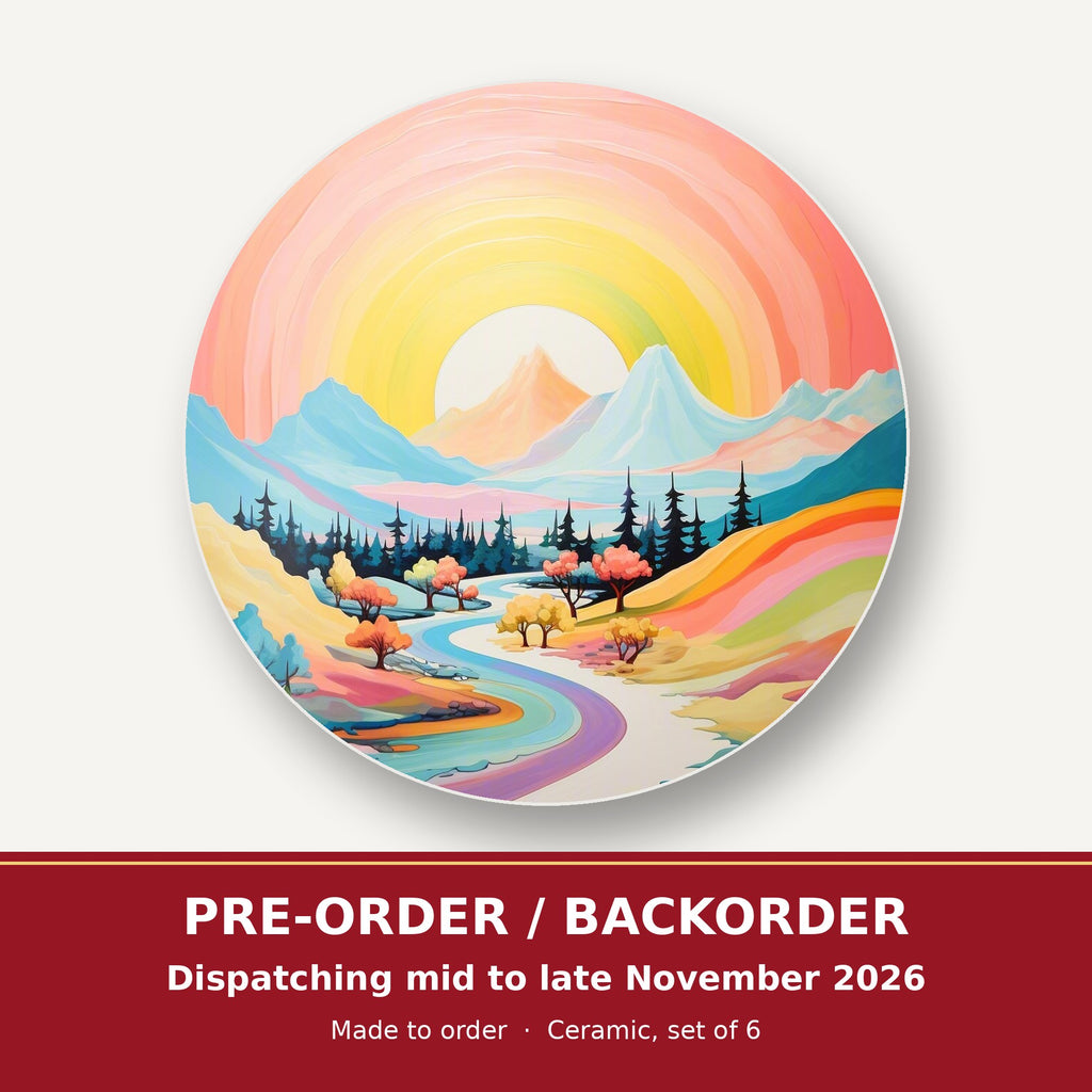 Rainbow Sky Valley Landscape round ceramic coaster set of 6 – pre-order / backorder, dispatching mid to late November 2026