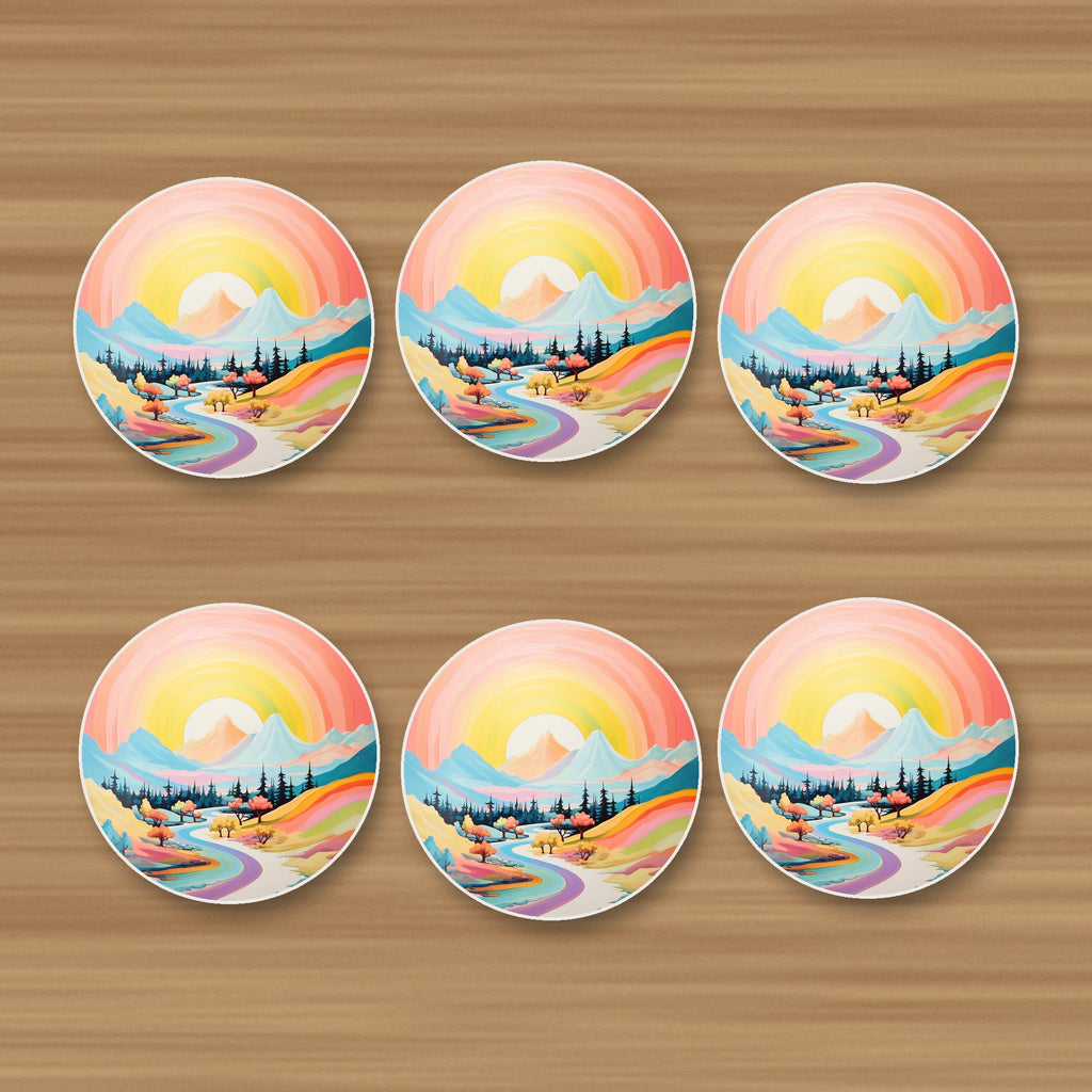 Rainbow Sky Valley Landscape round ceramic coasters, set of 6, on an oak coffee table