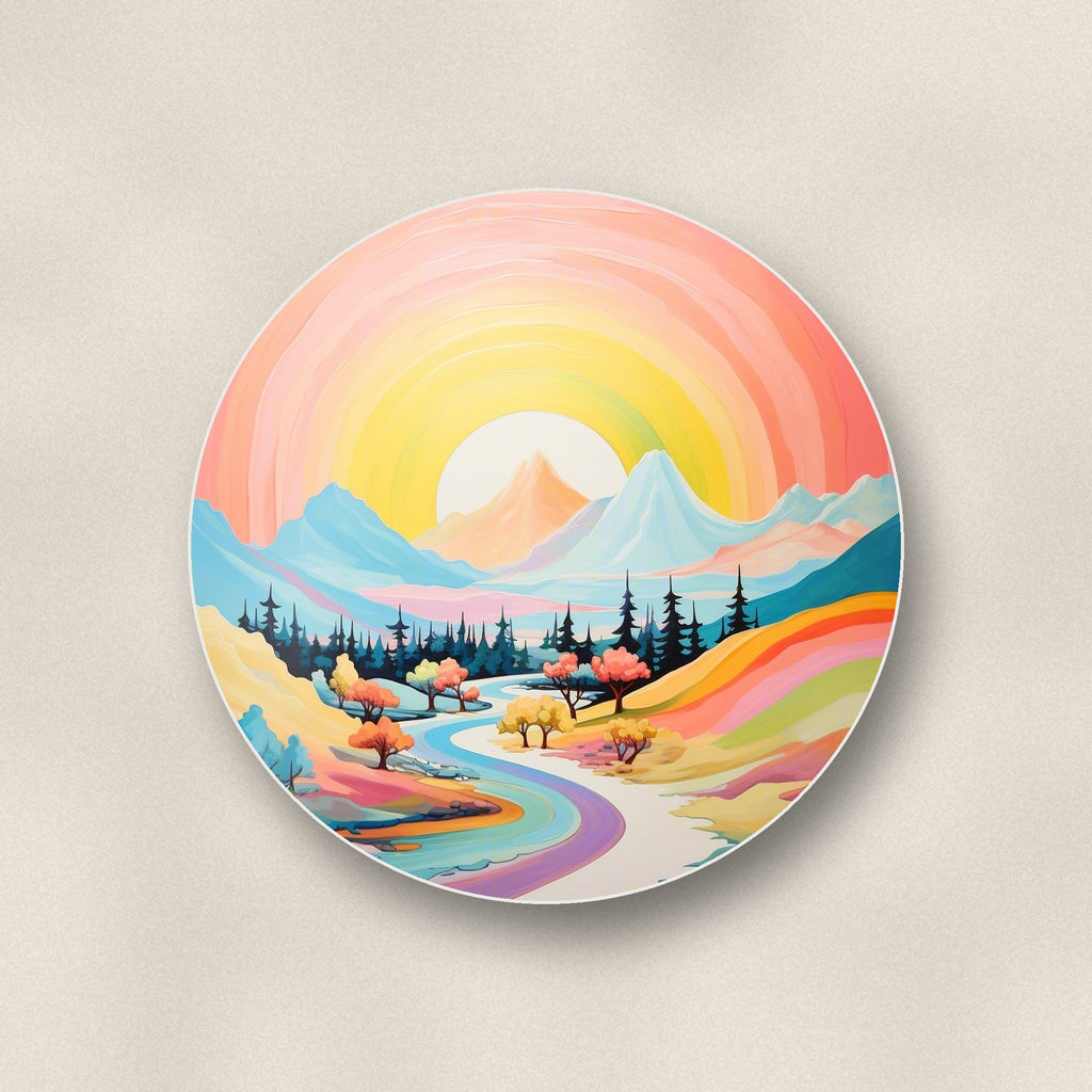 Close-up of one rainbow sky valley landscape round ceramic coaster, flat UV print