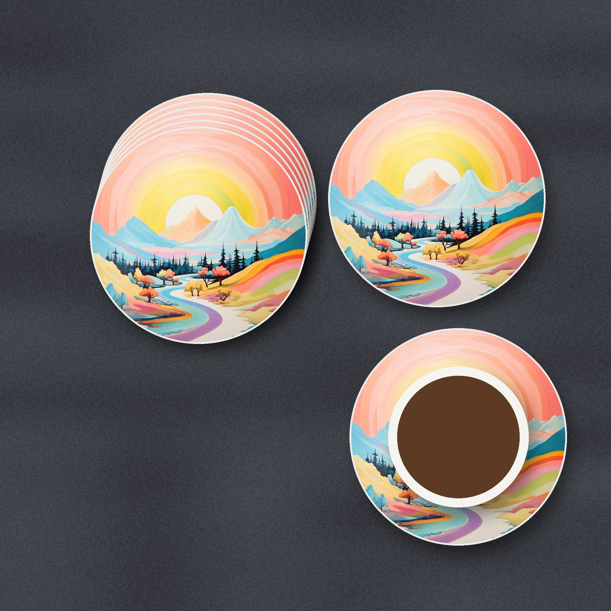 Rainbow Sky Valley Landscape round ceramic coasters stacked on a slate kitchen worktop