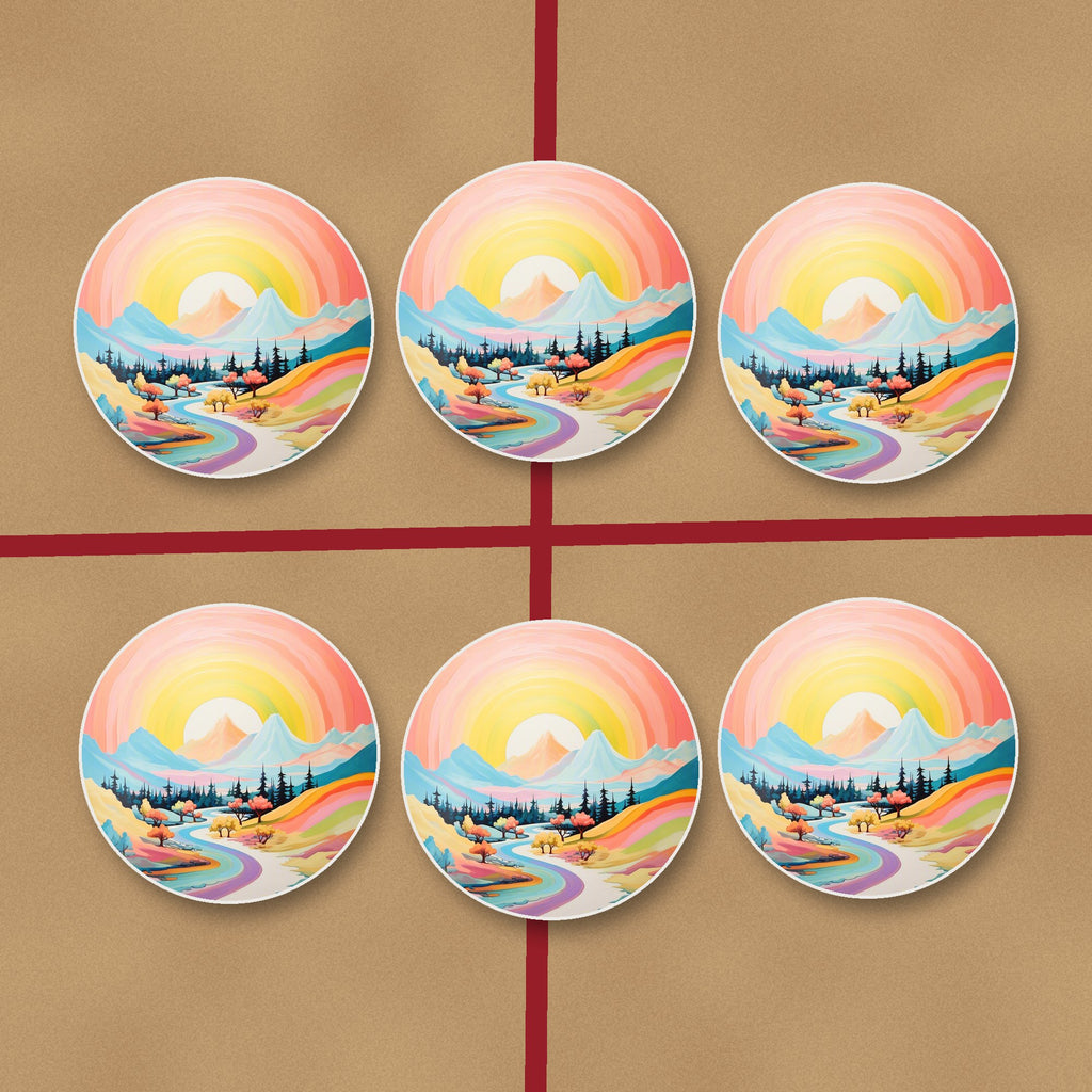 Rainbow Sky Valley Landscape round ceramic coasters on kraft gift wrap