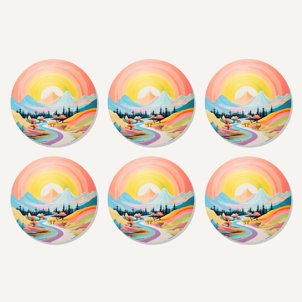 Flat lay of the rainbow sky valley landscape artwork on six round coasters