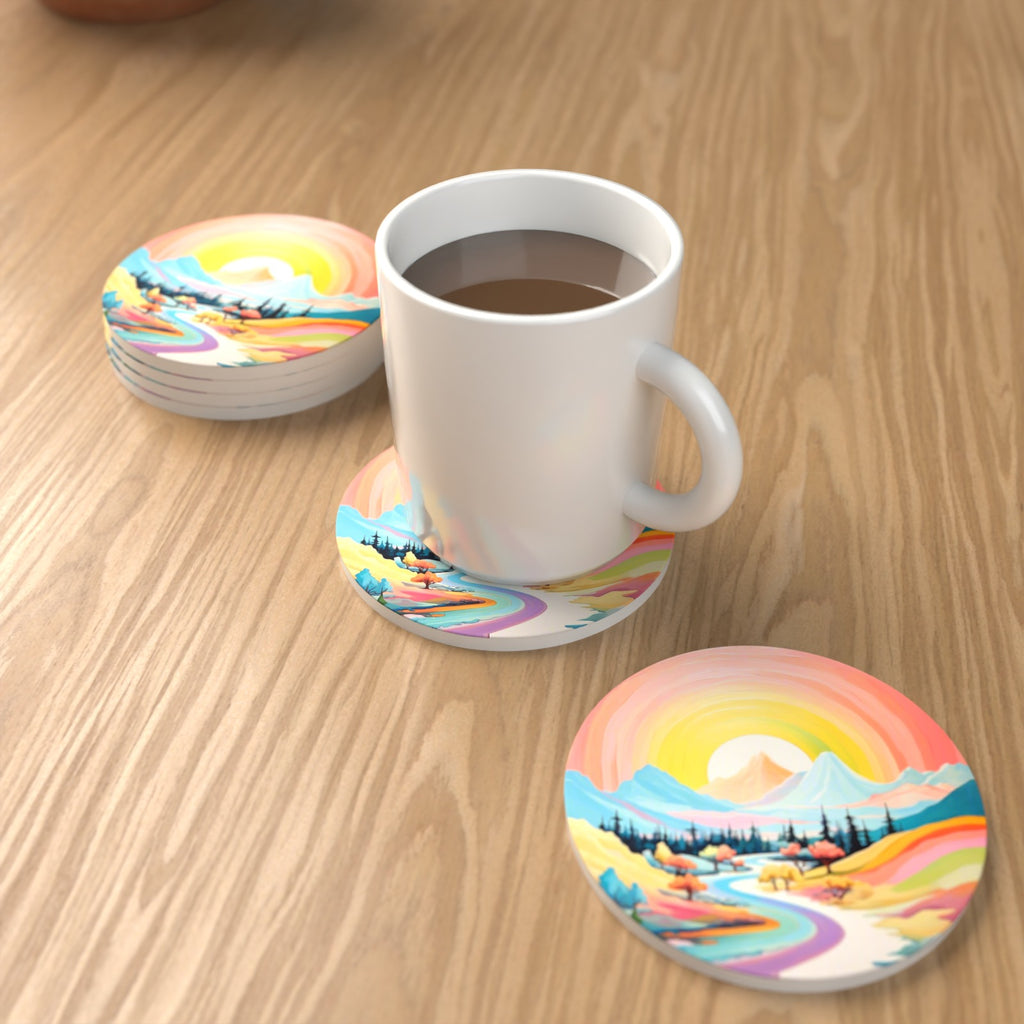 Rainbow Sky Valley Landscape Round Ceramic Coasters – Set of 6 – lifestyle mockup with a mug of coffee