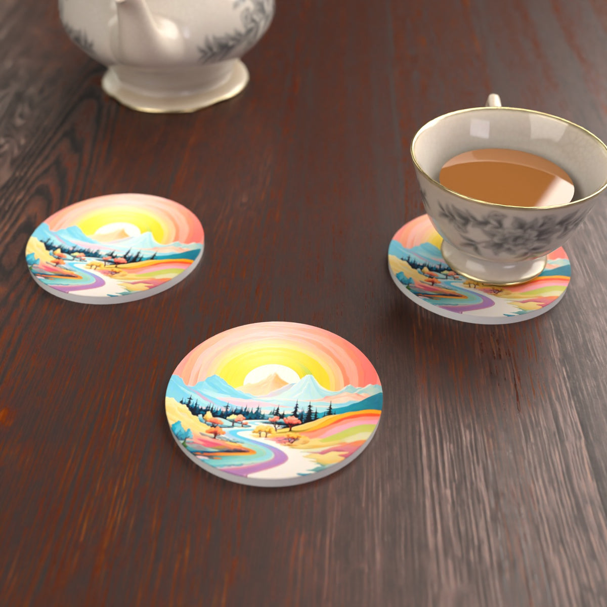 Rainbow Sky Valley Landscape Round Ceramic Coasters – Set of 6 – lifestyle mockup with a teacup