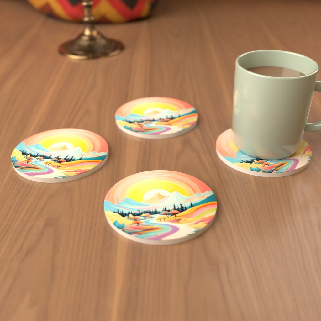 Rainbow Sky Valley Landscape Round Ceramic Coasters – Set of 6 – cosy lifestyle mockup
