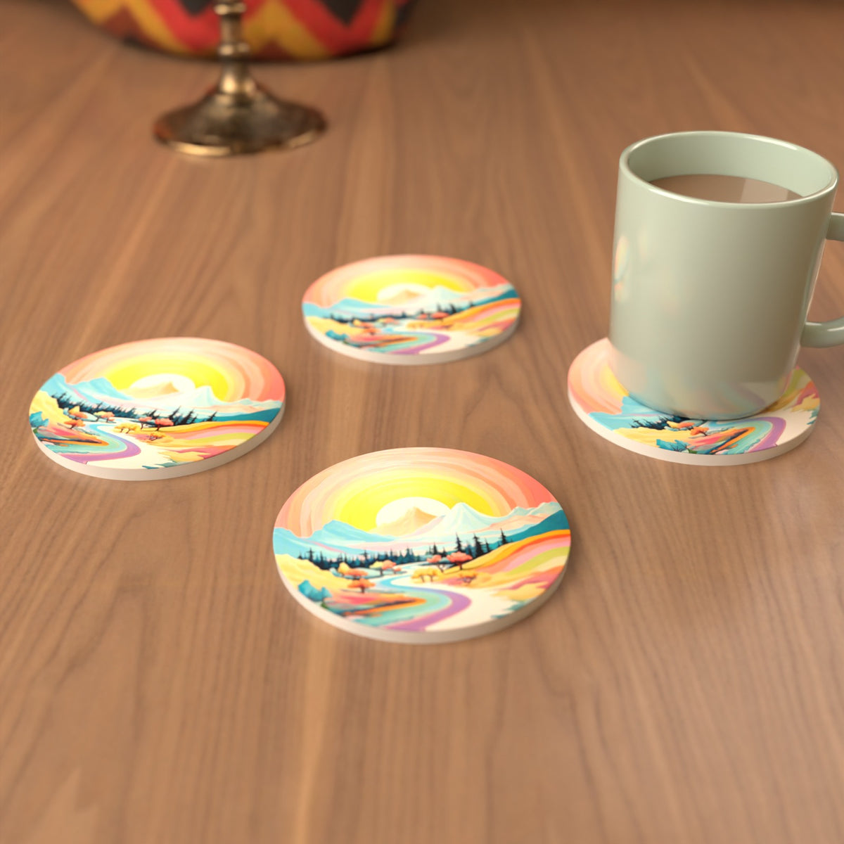 Rainbow Sky Valley Landscape Round Ceramic Coasters – Set of 6 – cosy lifestyle mockup