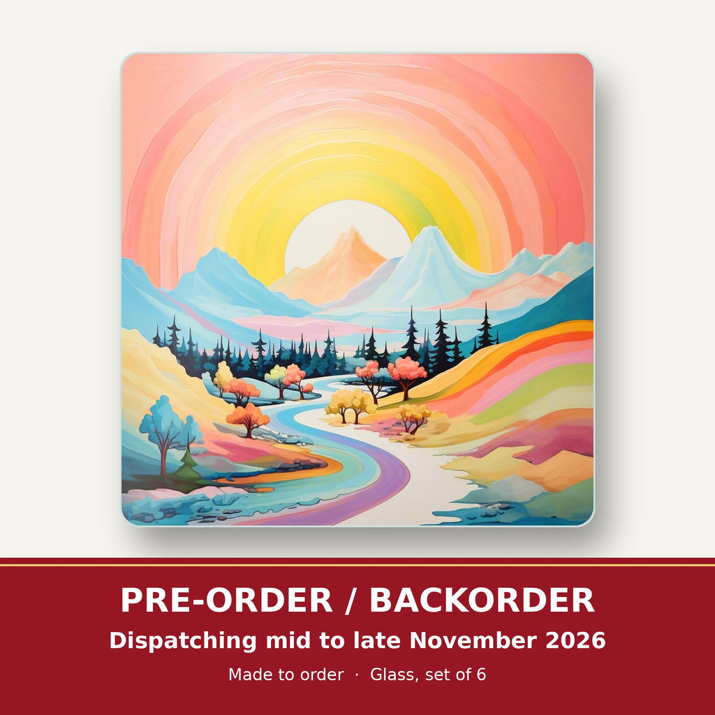Rainbow Sky Valley Landscape square glass coaster set of 6 – pre-order / backorder, dispatching mid to late November 2026