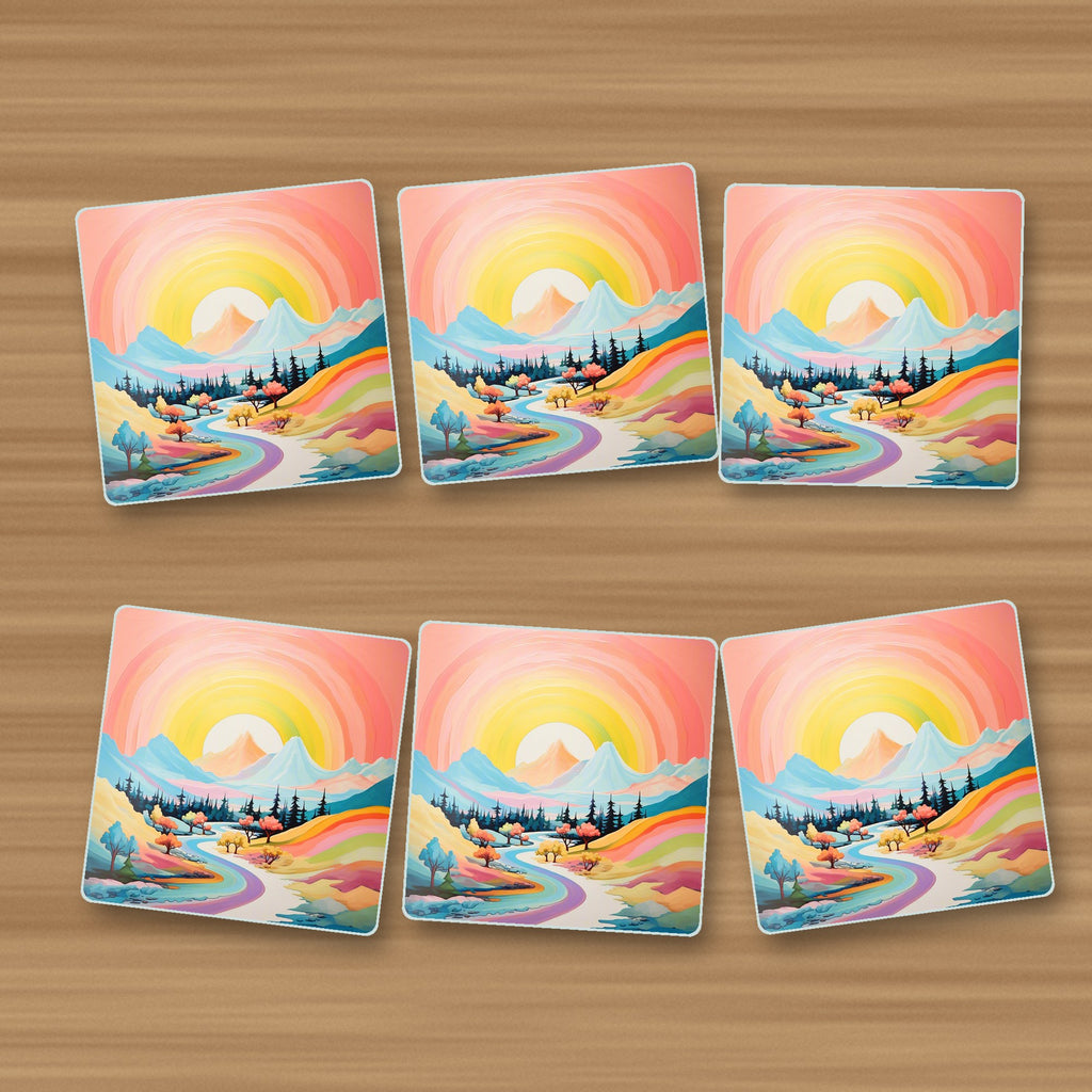 Rainbow Sky Valley Landscape square glass coasters, set of 6, on an oak coffee table