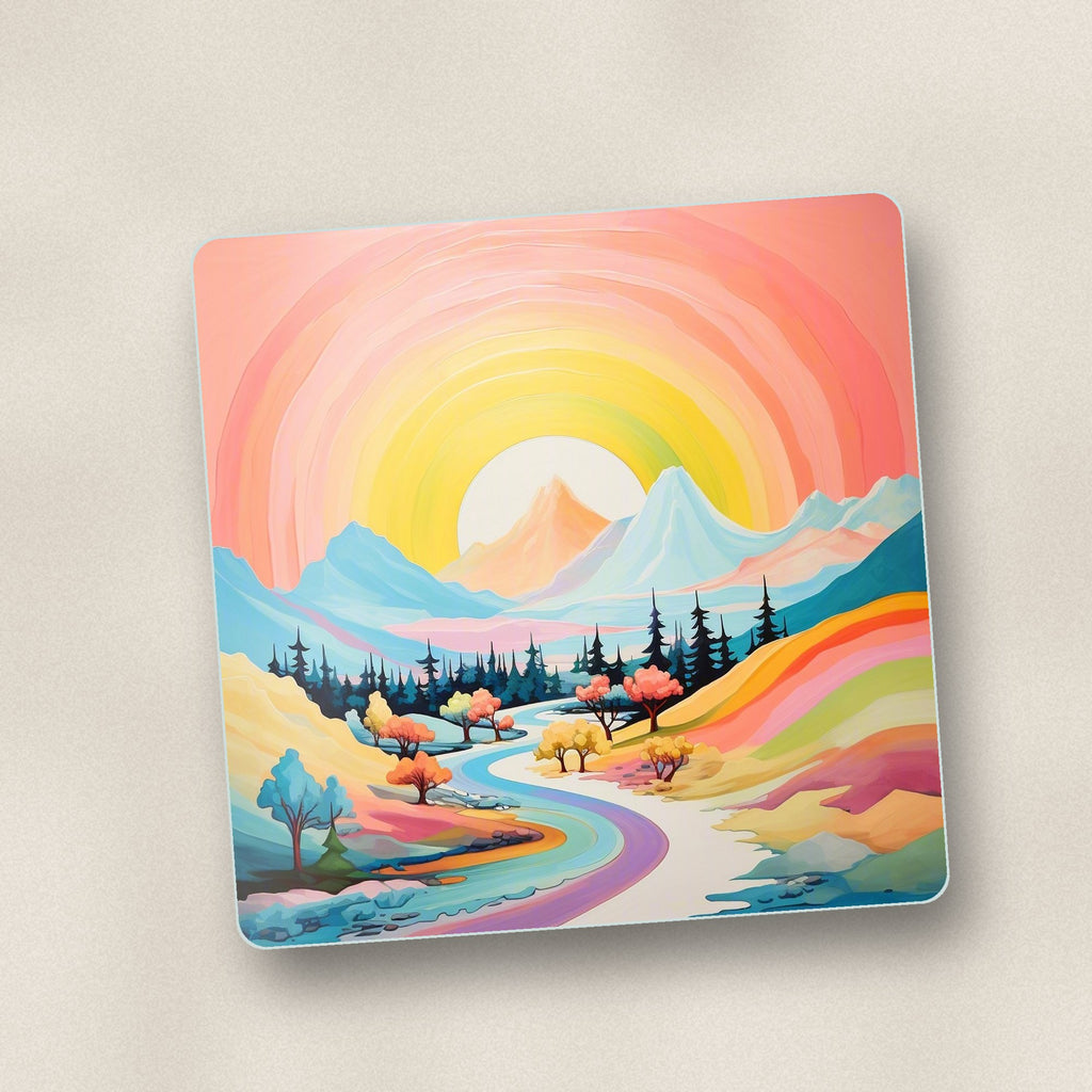 Close-up of one rainbow sky valley landscape square glass coaster, flat UV print