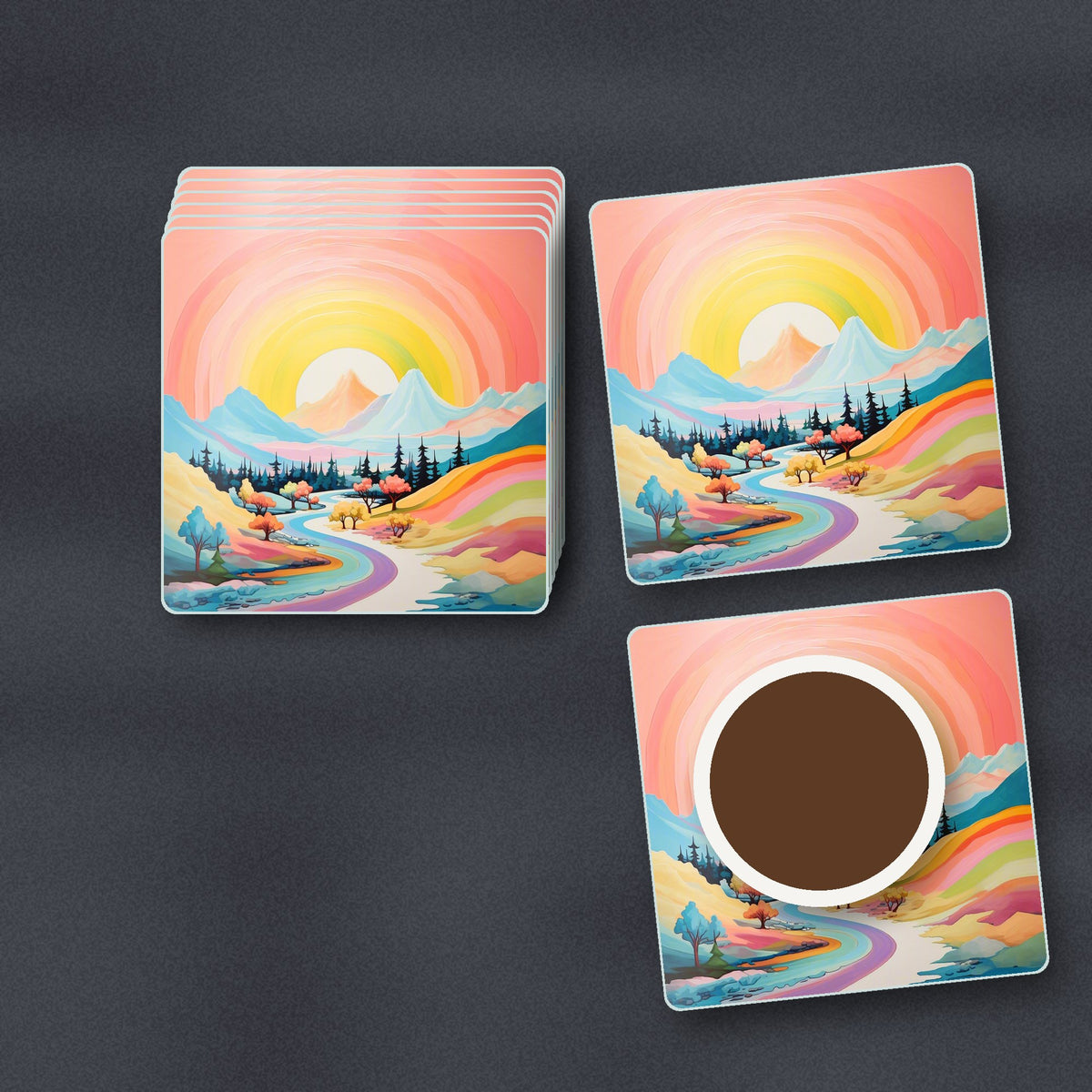 Rainbow Sky Valley Landscape square glass coasters stacked on a slate kitchen worktop